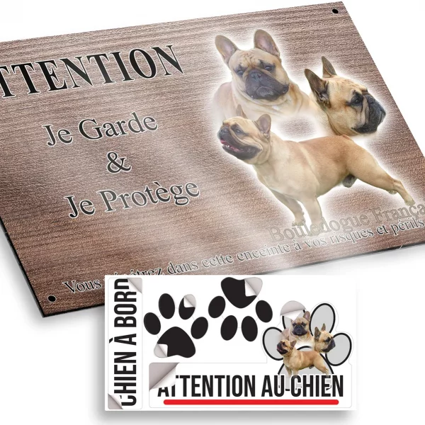 Plaque attention au chien Trois bouldogues français avec un fond flou