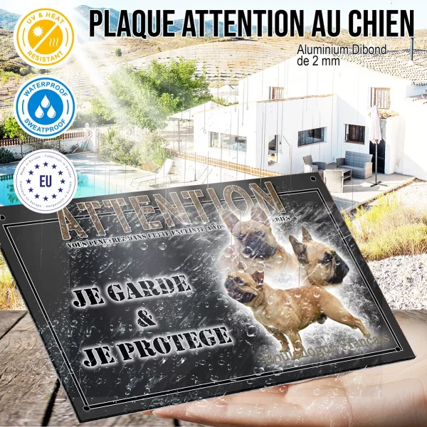Panneau chien de garde Trois bouldogues français avec un fond flou
