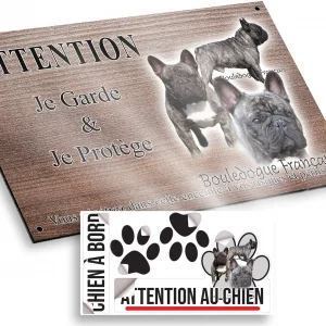 Plaque attention au chien Visuel de Bouldogue Français avec plusieurs chiens