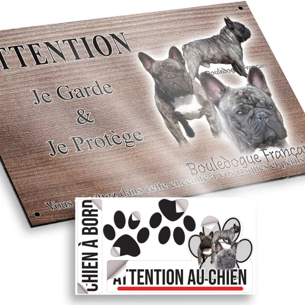 Plaque attention au chien Visuel de Bouldogue Français avec plusieurs chiens