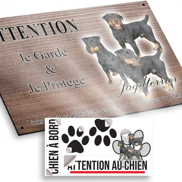 Plaque attention au chien Jagdterrier : trois chiens posant ensemble.