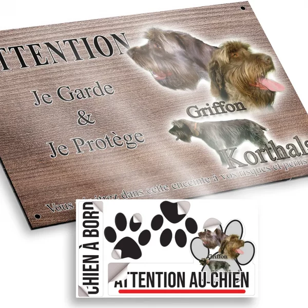 Plaque attention au chien Trois portraits de Griffon Korthals