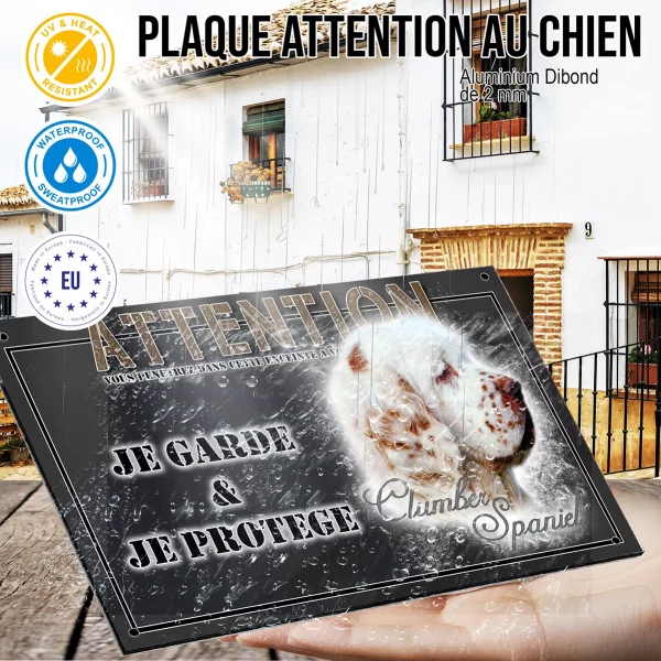 Panneau chien de garde Profil d'un Clumber Spaniel avec un pelage blanc et des taches marron
