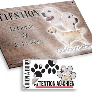 Plaque attention au chien Trois Golden Retrievers