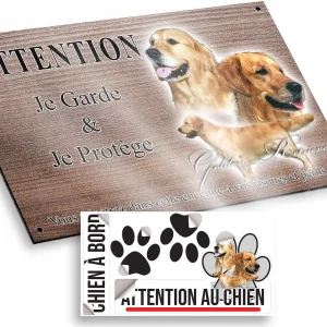 Plaque attention au chien Trois portraits de Golden Retriever avec un chien en profil.
