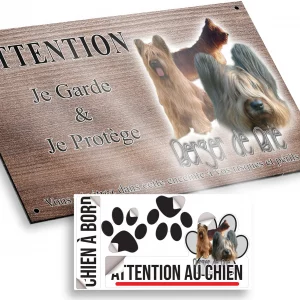 Plaque attention au chien Trois chiens Berger de Brie sur fond coloré