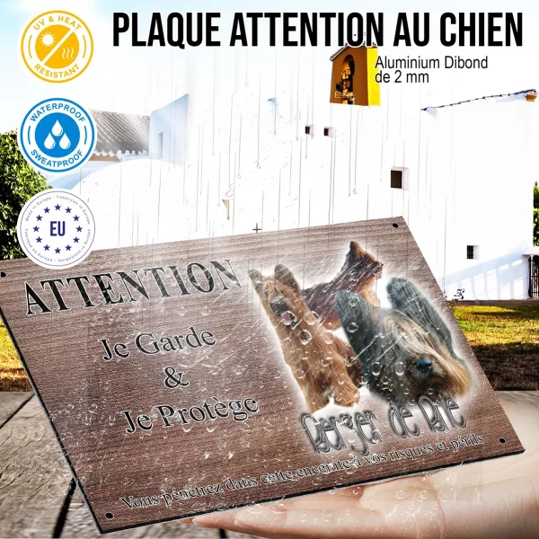 Panneau attention au chien Trois chiens Berger de Brie sur fond coloré