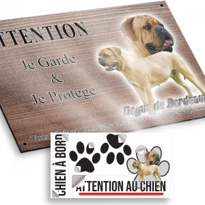 Plaque attention au chien Dogue de Bordeaux sur fond transparent