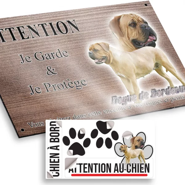 Plaque attention au chien Dogue de Bordeaux sur fond transparent