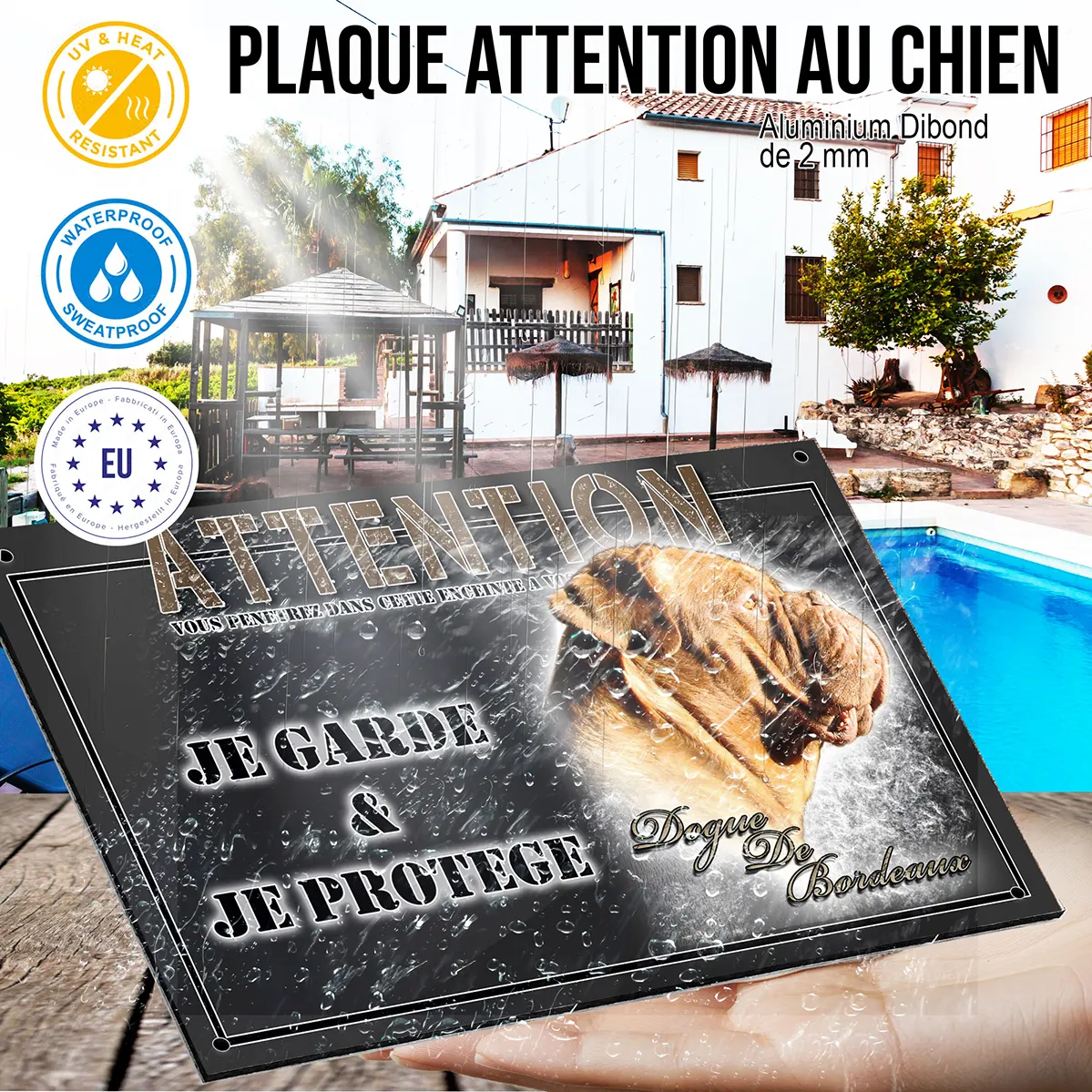 Panneau chien de garde Dogue de Bordeaux en profil avec éclairage doux