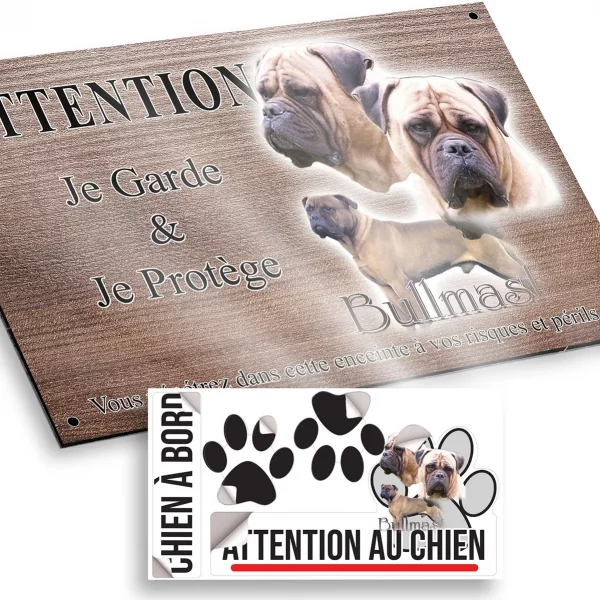 Plaque attention au chien Trois bullmastiffs en gros plan et un en entier