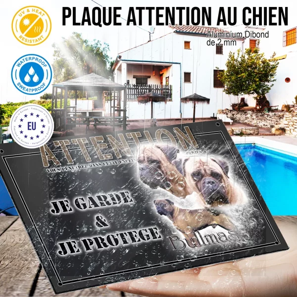 Panneau chien de garde Trois bullmastiffs en gros plan et un en entier