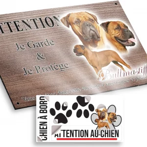 Plaque attention au chien Bullmastiff avec 3 têtes et un chien entier