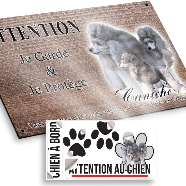 Plaque attention au chien Trois caniches avec des pelages gris élégants