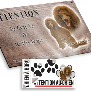 Plaque attention au chien Deux caniches marron dans un design élégant