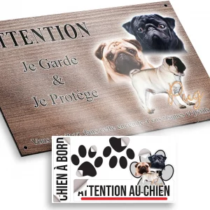 Plaque attention au chien Trois chiens Pug