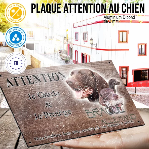 Panneau attention au chien Braque Allemand avec chien portant un poisson