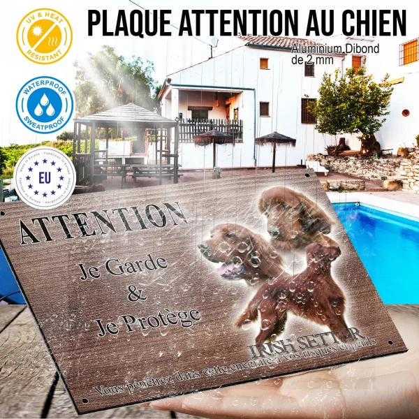 Panneau attention au chien Irish Setter avec trois portraits et un chien entier