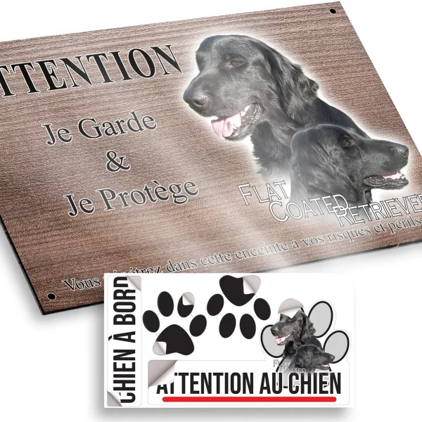 Plaque attention au chien Deux Flat Coated Retrievers en gros plan