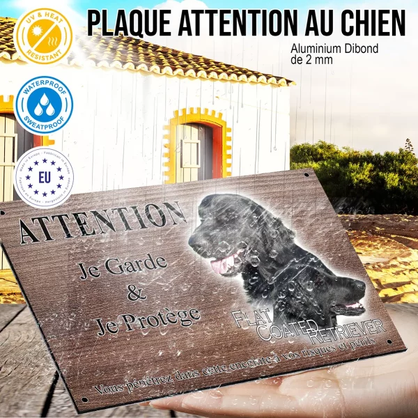 Panneau attention au chien Deux Flat Coated Retrievers en gros plan