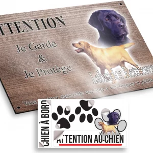 Plaque attention au chien Labrador Retriever avec dessiné 2 chiens