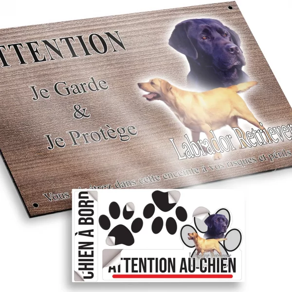 Plaque attention au chien Labrador Retriever avec dessiné 2 chiens