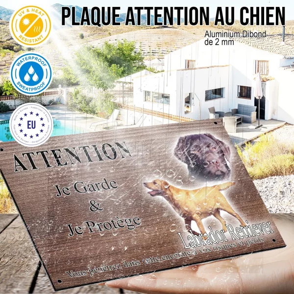 Panneau attention au chien Deux Labrador Retrievers un noir et un jaune
