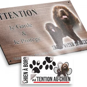 Plaque attention au chien Deux Irish Water Spaniels avec poils frisés.