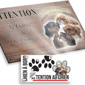Plaque attention au chien Quatre chiens King Charles Spaniel sur fond noir