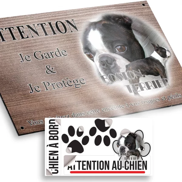 Plaque attention au chien Boston Terrier en gros plan avec un chien entier