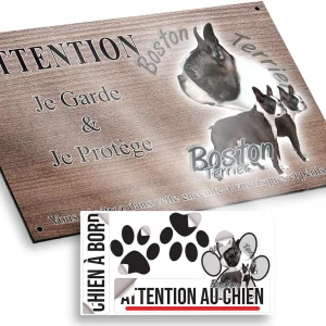 Plaque attention au chien Boston Terrier avec divers angles et texte