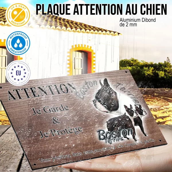 Panneau attention au chien Boston Terrier avec divers angles et texte