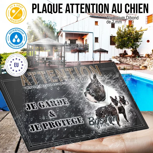 Panneau chien de garde Boston Terrier avec divers angles et texte