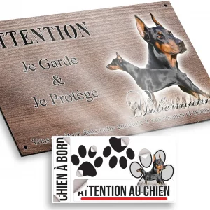 Plaque attention au chien Dobermann en poses variées avec texte décoratif.