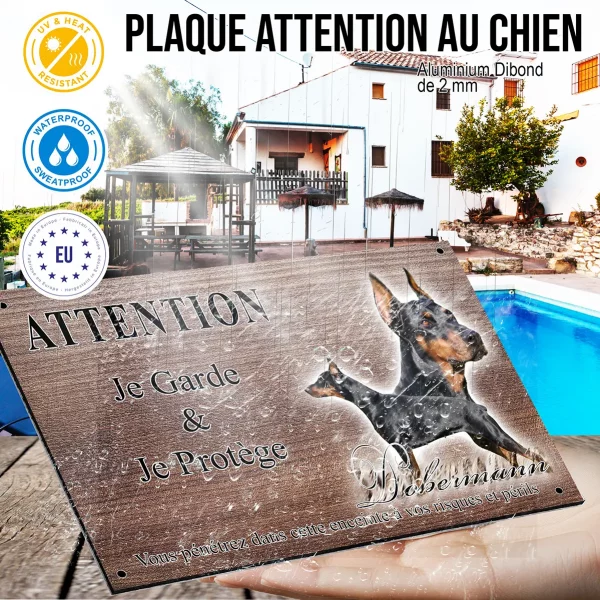 Panneau attention au chien Dobermann en poses variées avec texte décoratif.