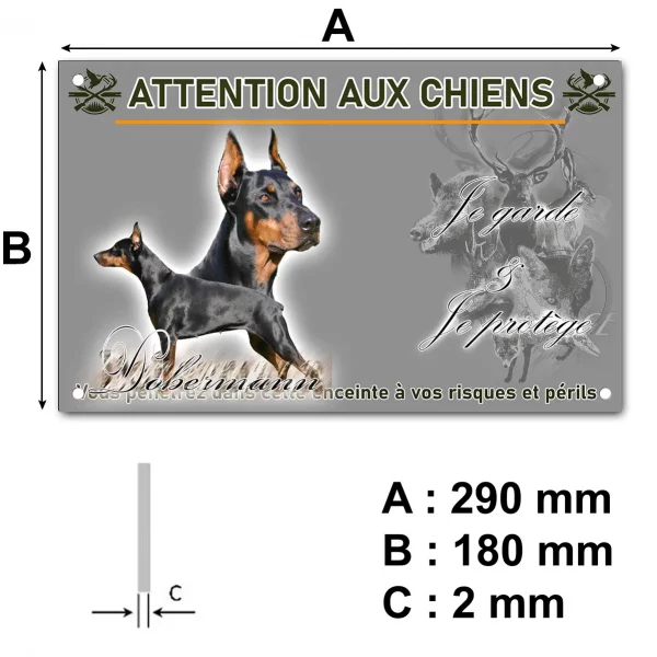 Pancarte Dobermann en poses variées avec texte décoratif.