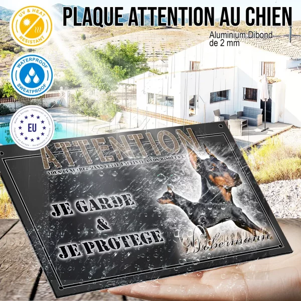 Panneau chien de garde Dobermann en poses variées avec texte décoratif.
