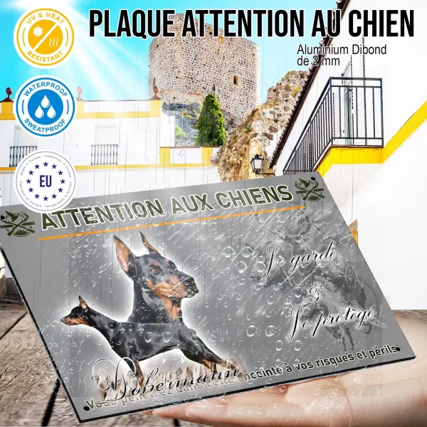 Panneau Dobermann en poses variées avec texte décoratif.