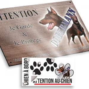 Plaque attention au chien Image de deux Dobermanns avec texte