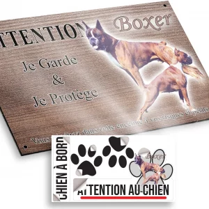 Plaque attention au chien Deux Boxers en pose dynamique avec texte