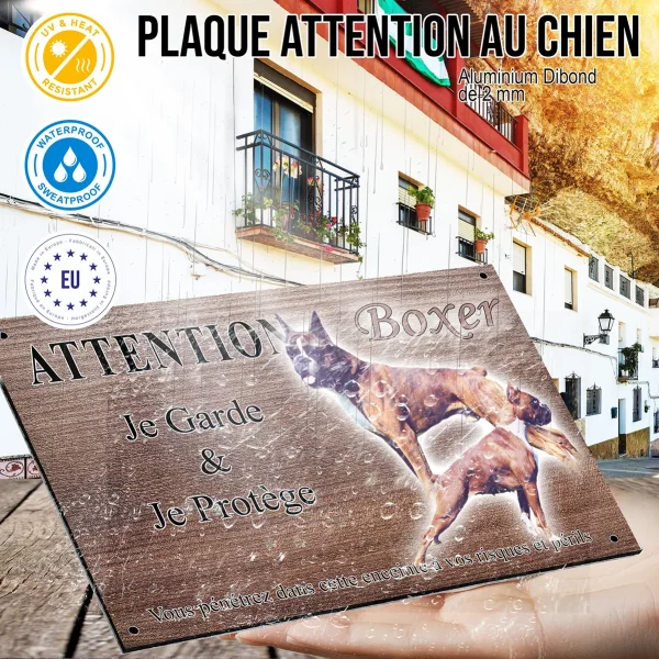 Panneau attention au chien Deux Boxers en pose dynamique avec texte