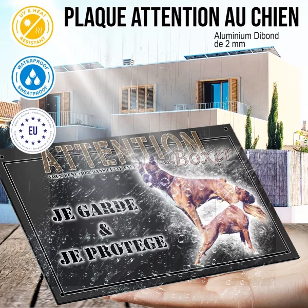 Panneau chien de garde Deux Boxers en pose dynamique avec texte