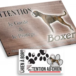 Plaque attention au chien Boxer en profil avec texte 'Boxer' en bas