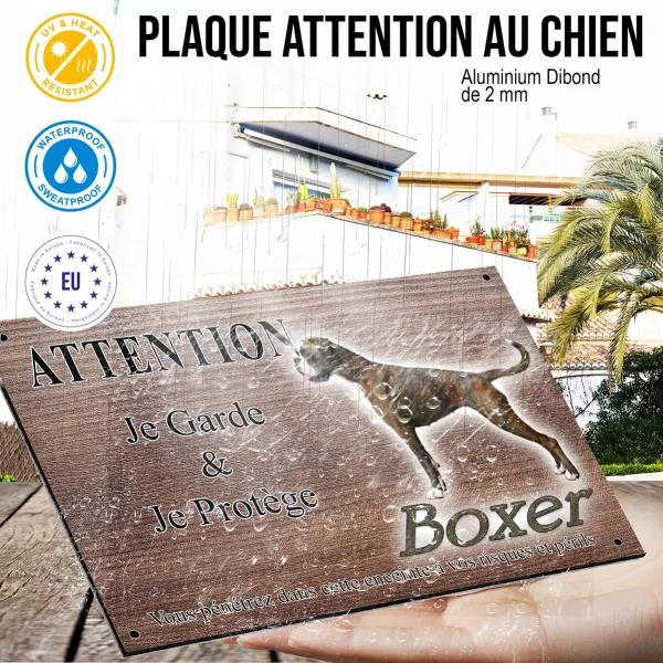 Panneau attention au chien Boxer en profil avec texte 'Boxer' en bas