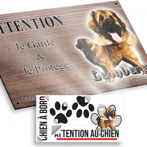 Plaque attention au chien Un Leonberg avec un arrière plan coloré