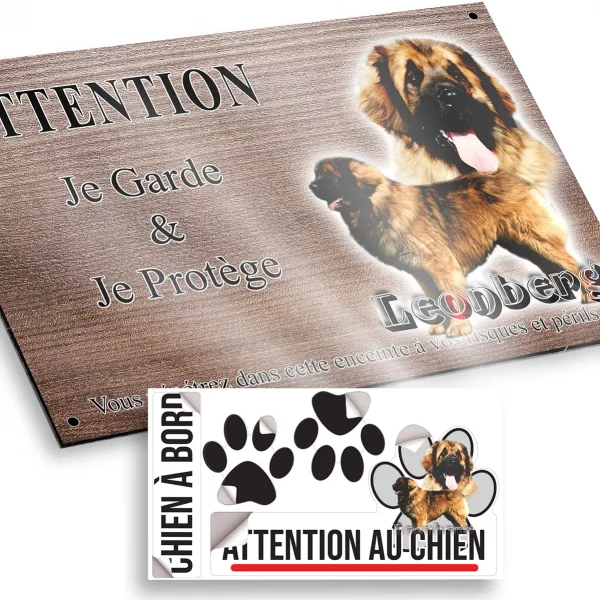 Plaque attention au chien Un Leonberg avec un arrière plan coloré