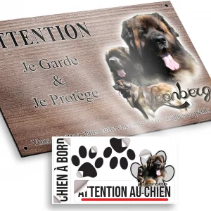 Plaque attention au chien Collage de chiens Léonberg avec un fond coloré
