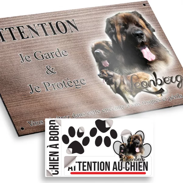 Plaque attention au chien Collage de chiens Léonberg avec un fond coloré