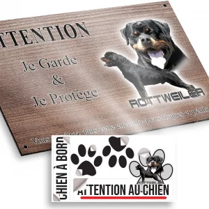 Plaque attention au chien Illustration de deux Rottweilers avec le texte Rottweiler