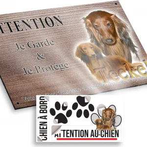 Plaque attention au chien Visuel de deux Teckels à poil long avec le texte Teckel